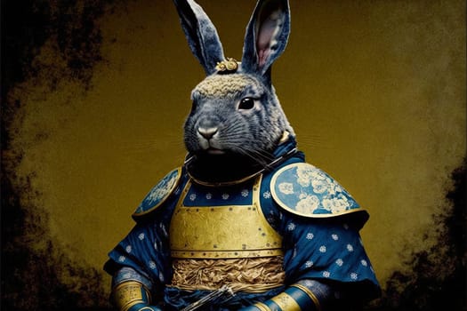 Rabbit samurai in traditional drawing style. Japanese styled art with hare warrior in kimono. Generated AI