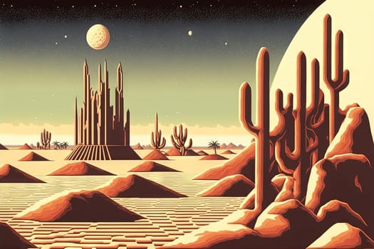 Retro styled sci-fi landscape with mountains. Retro futuristic science fiction illustration in drawing style with alien sun. Generated AI