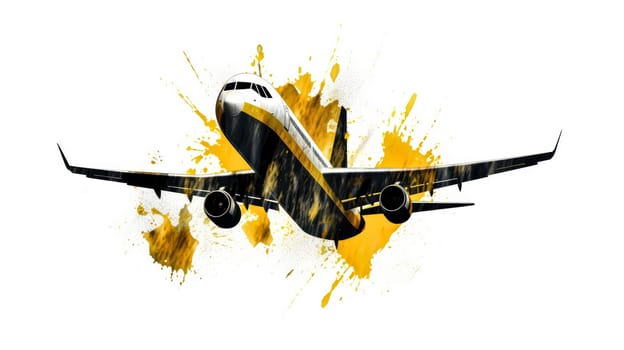 A charming watercolor sketch of an airplane with yellow gray lines, capturing the essence of travel and adventure in artistic detail.