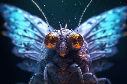 Alien butterfly from outer space looking at the camera. Cute alien insect macro image. Generative AI
