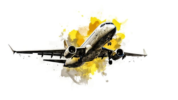 A charming watercolor sketch of an airplane with yellow gray lines, capturing the essence of travel and adventure in artistic detail.