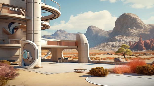 Retro futuristic architecture in sci-fi scene on the desert planet. Alien landscape with nostalgic retro future constructions. Generated AI