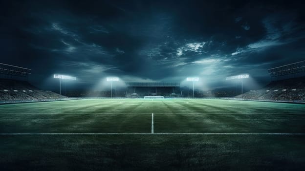 Illuminated stadium with green grass in the evening before the sport game championship. Generated AI