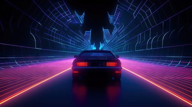 Car ride on the neon road in 80s retro synthwave style. Generated AI