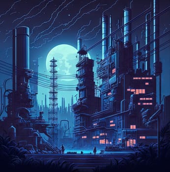 Retro game landscape in 80s style with industrial city district, neon lights and synthwave pixel graphics. Generated AI