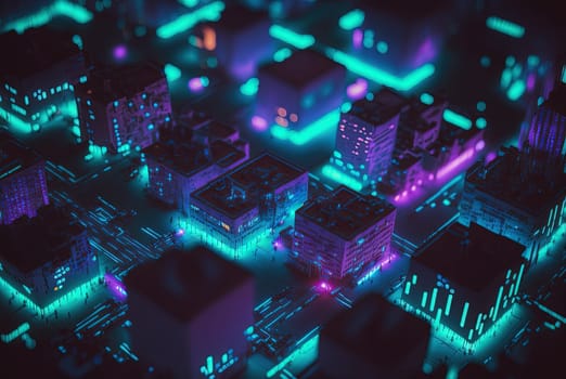 Abstract neon city aerial view. Technology concept of night cityscape with blue lights in synthwave style. Generated AI