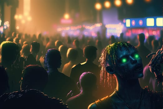 Zombies with scary faces in the crowd during the zombie apocalypse. Horror theme for Halloween or game party ad. Generated AI