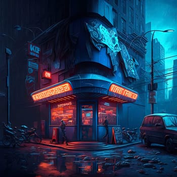 Cyberpunk styled cafe on the street corner with neon lights. Futuristic fast food restaurant with fake neon signs. Generative AI