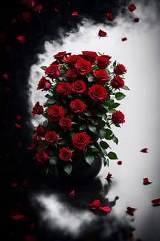 bouquet of red roses in a basket on a light background. image generated using AI.