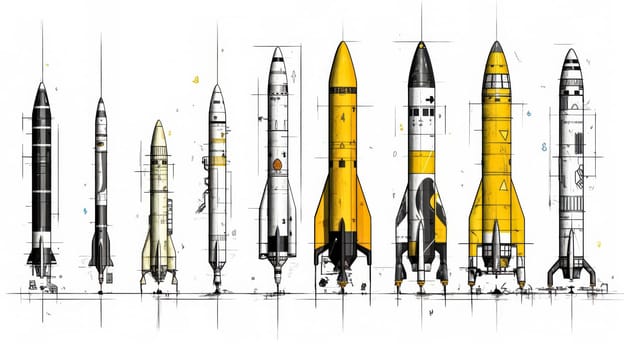 An intriguing watercolor sketch featuring rockets and shells outlined in yellow gray lines, capturing the essence of futuristic exploration.
