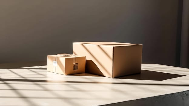An empty cardboard box casting a shadow with a window cutout, presenting a simple yet intriguing visual concept. Ideal for various design projects.