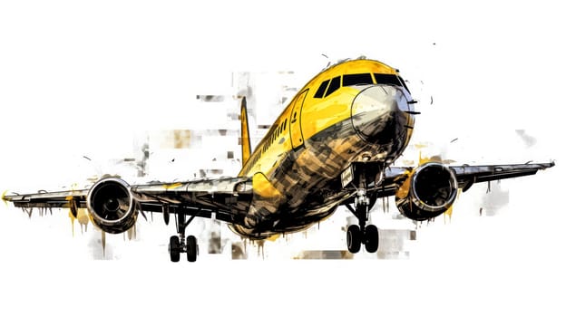 A charming watercolor sketch of an airplane with yellow gray lines, capturing the essence of travel and adventure in artistic detail.
