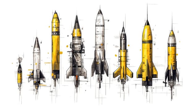 An intriguing watercolor sketch featuring rockets and shells outlined in yellow gray lines, capturing the essence of futuristic exploration.