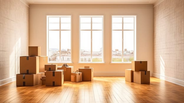 Cardboard boxes and household items indoors, ideal for moving day concepts. Space available for text or additional elements.