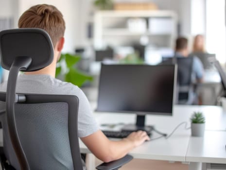 Businessmen blur in the workplace or work space of table in office room with computer or shallow depth of focus of abstract background. High quality photo