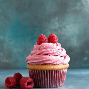Pink raspberry frosting on a cupcake against a blue background.