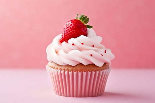 Vanilla cupcake topped with creamy frosting and a fresh strawberry.