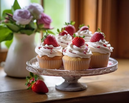 Luscious cupcakes topped with cream and fresh strawberries on a glass stand.