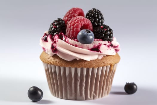 A delicious cupcake topped with cream and fresh berries