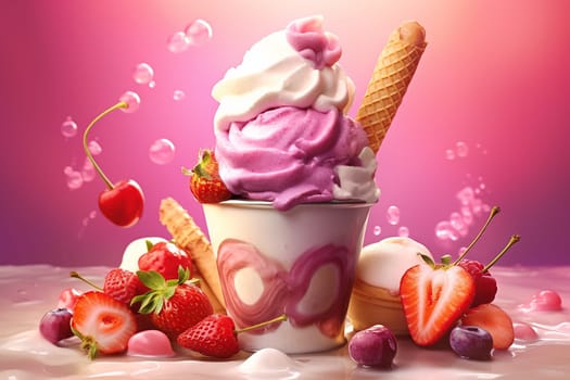 A delectable swirl of pink and white ice cream with fresh berries and wafer