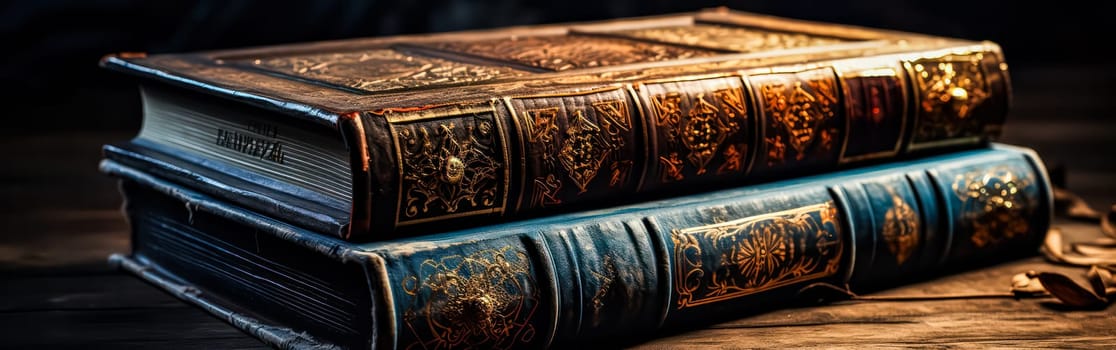 Close up view of antique books, showcasing their aged pages and intricate bindings, perfect for conveying a sense of nostalgia and literary charm.