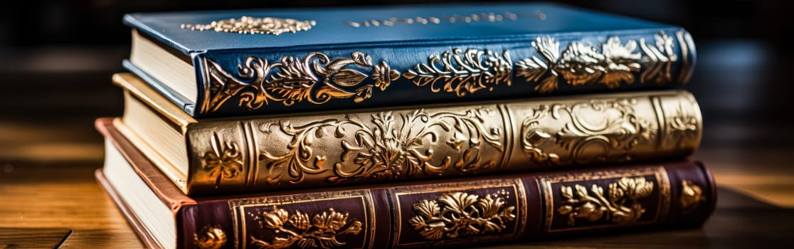 Close up view of antique books, showcasing their aged pages and intricate bindings, perfect for conveying a sense of nostalgia and literary charm.