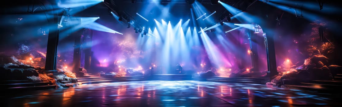 An empty dance floor bathed in vibrant blue violet lighting, with reflections on the ground, creating an atmospheric ambiance for party and event concepts.