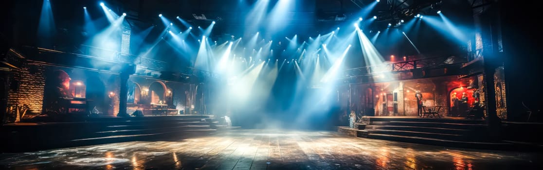 An empty dance floor bathed in vibrant blue violet lighting, with reflections on the ground, creating an atmospheric ambiance for party and event concepts.