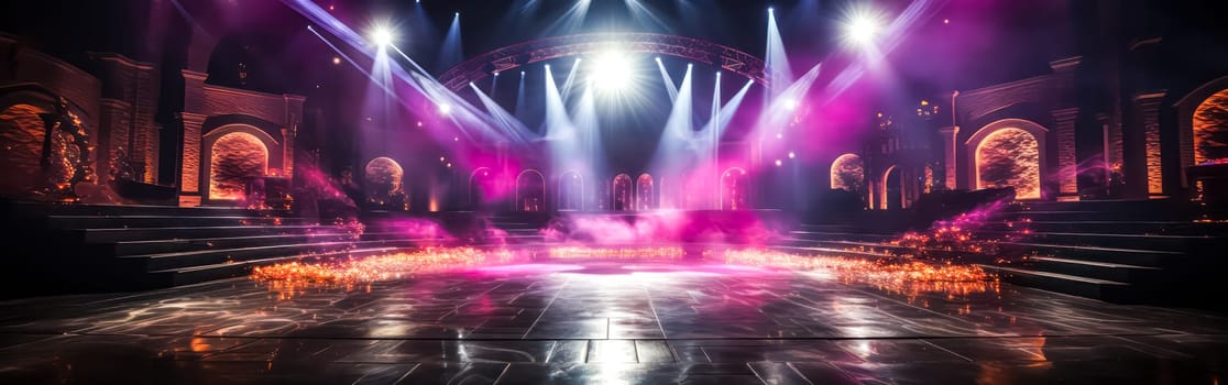 An empty dance floor bathed in vibrant blue violet lighting, with reflections on the ground, creating an atmospheric ambiance for party and event concepts.