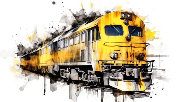 A charming watercolor sketch of a train with yellow gray lines, capturing the nostalgia and adventure of rail travel in artistic detail.