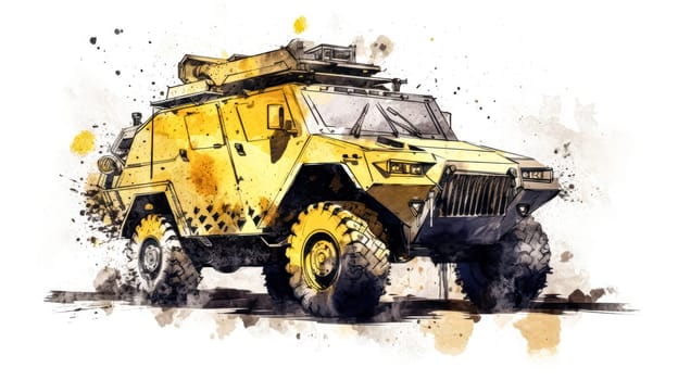 A dynamic watercolor sketch of a combat vehicle with yellow gray lines, evoking a sense of power and strength in artistic detail.