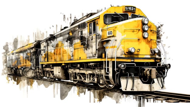 A charming watercolor sketch of a train with yellow gray lines, capturing the nostalgia and adventure of rail travel in artistic detail.