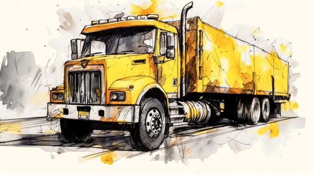 A vibrant watercolor sketch of a truck with yellow gray lines, portraying rugged durability and industrial strength in artistic detail.