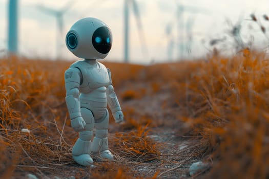 Robot standing on field path at a wind farm. Future concept.