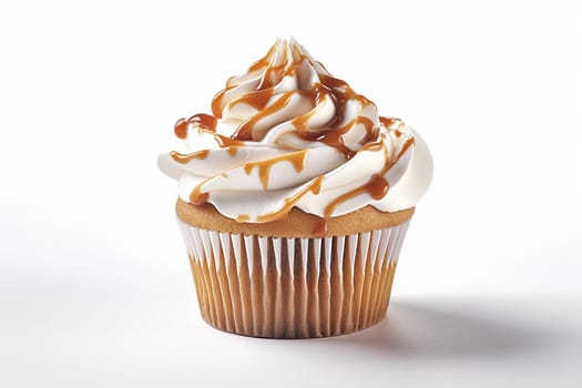 A delectable caramel drizzled cupcake with creamy frosting.