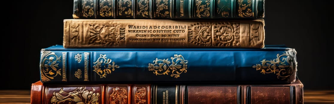 Close up view of antique books, showcasing their aged pages and intricate bindings, perfect for conveying a sense of nostalgia and literary charm.