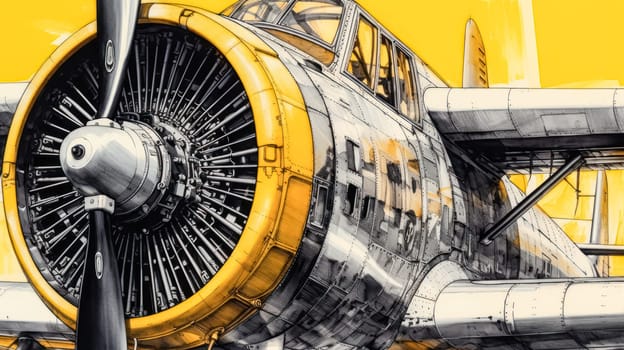 A charming watercolor sketch of an airplane with yellow gray lines, capturing the essence of travel and adventure in artistic detail.