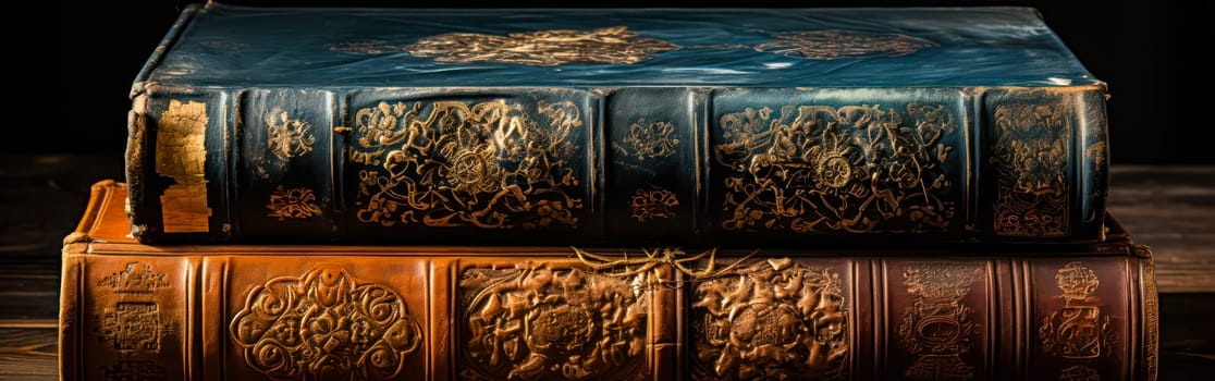 Close up view of antique books, showcasing their aged pages and intricate bindings, perfect for conveying a sense of nostalgia and literary charm.