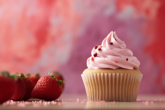 Vanilla cupcake topped with creamy frosting and a fresh strawberry.