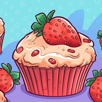 An illustration of a pink strawberry cupcake on blue background