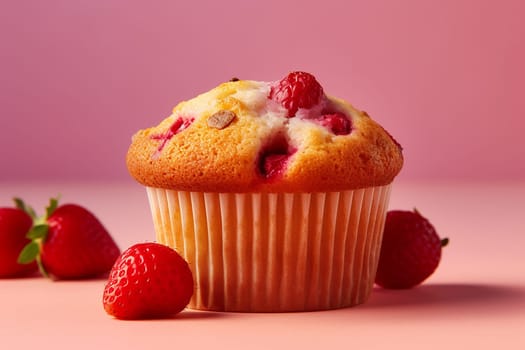 A vanilla cupcake topped with cream and strawberry