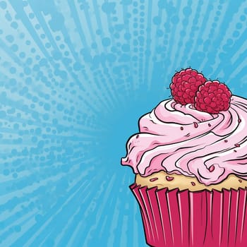 An illustration of a pink raspberry cupcake on blue background