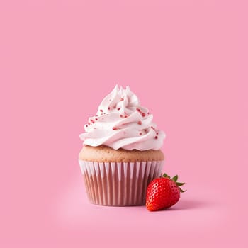 A vanilla cupcake topped with cream and strawberry