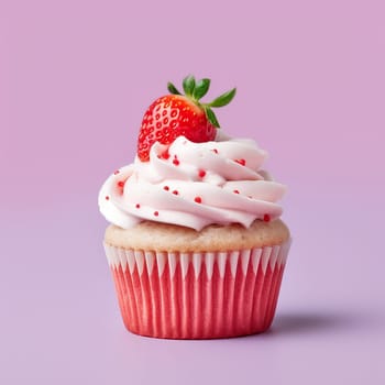 A vanilla cupcake topped with cream and strawberry