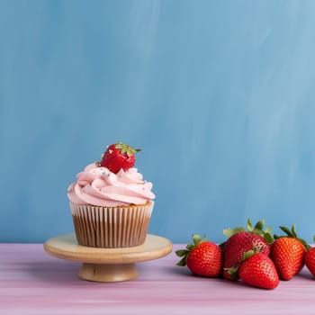 A vanilla cupcake topped with cream and strawberry