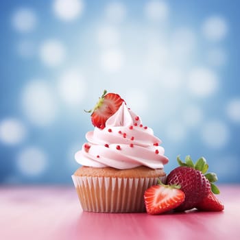 Vanilla cupcake topped with creamy frosting and a fresh strawberry.