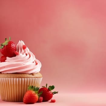 Vanilla cupcake topped with creamy frosting and a fresh strawberry.