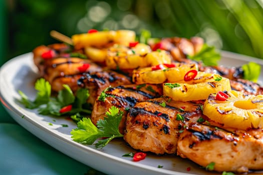 Grilled chicken and pineapple rings on a platter with chopped chilies and fresh herbs. Tropical food, vacation mood.