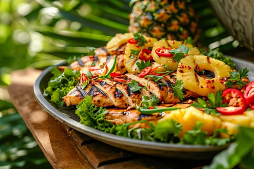 Grilled chicken and pineapple rings on a platter with chopped chilies and fresh herbs. Tropical food, vacation mood.