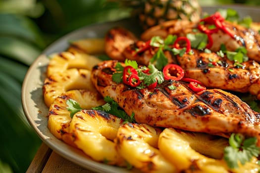 Grilled chicken and pineapple rings on a platter with chopped chilies and fresh herbs. Tropical food, vacation mood.